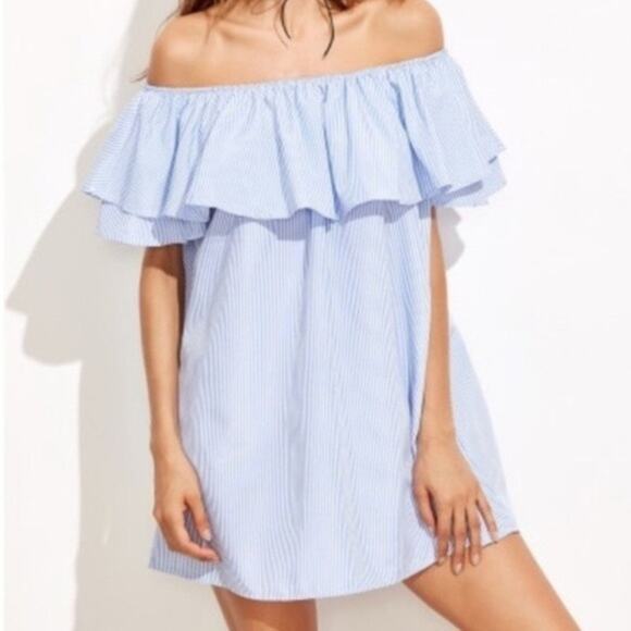 Zara Blue & White Striped Off Shoulder Mini Swing Dress Ruffled Cotton Pocket M - Picture 1 of 8